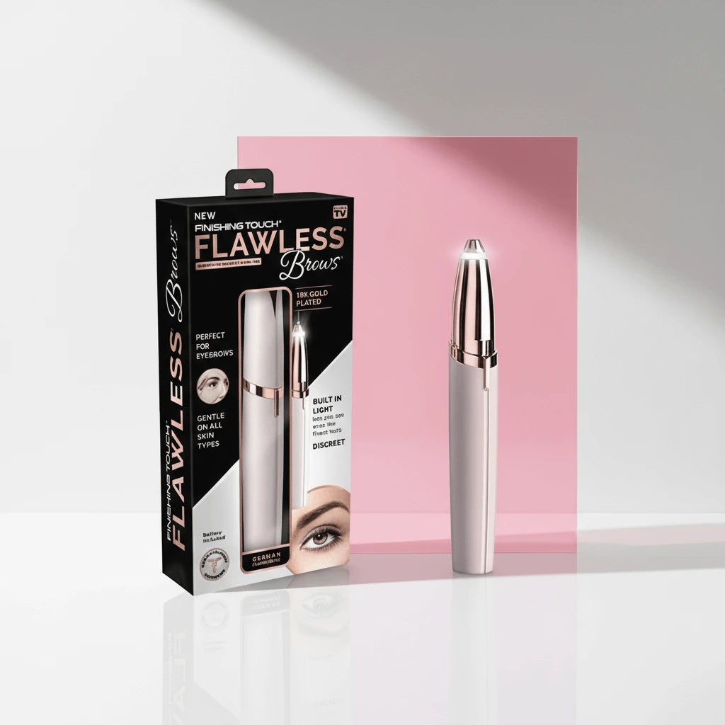 Flawless Brows eyebrow grooming tool with packaging on a white background