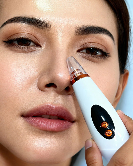 Woman using blackhead remover on nose close-up