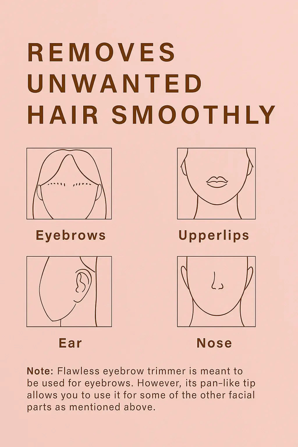 Product advertisement for a hair removal tool on a pink background with illustrations of facial features.