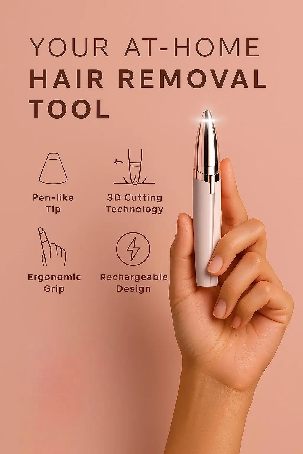 Hand holding a hair removal tool with features listed on a pink background