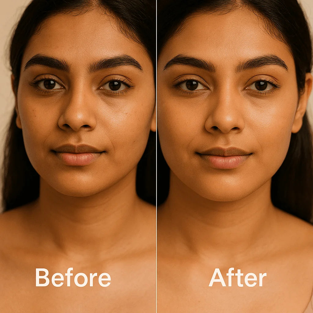 Before and after comparison of a woman's face with visible skin texture differences.