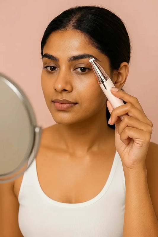 Woman using a skincare device on her face with a beige background