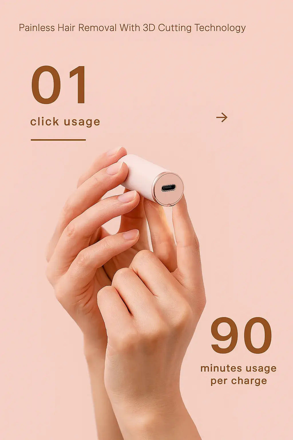 Hand holding a small electronic device with text about hair removal technology on a pink background