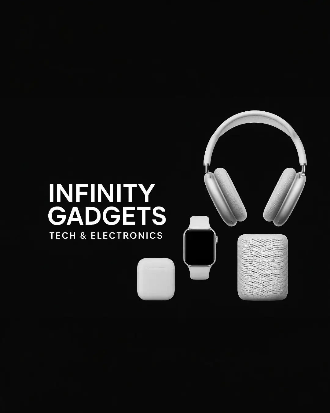 Infinity Gadgets logo with electronic devices on a black background
