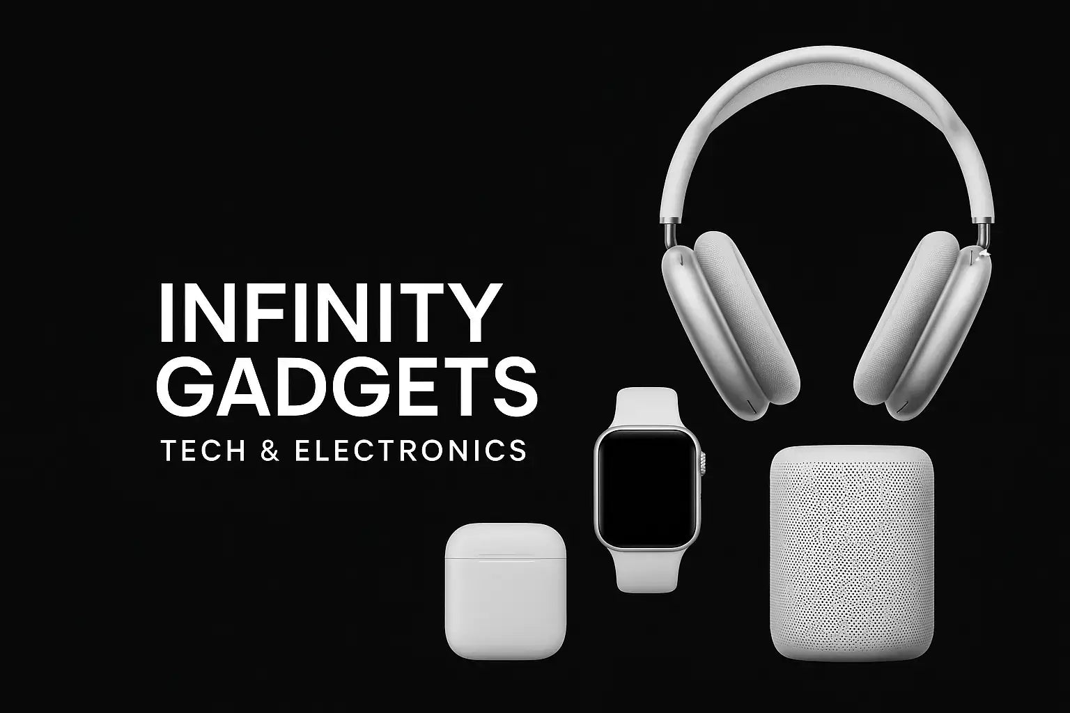 White electronic gadgets including headphones, smartwatch, and speaker on a black background with 'Infinity Gadgets' text.