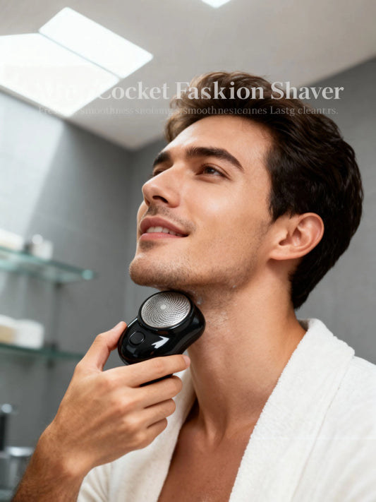 Man using a shaver in a bathroom setting with 'Rocket Fashion Shaver' branding.