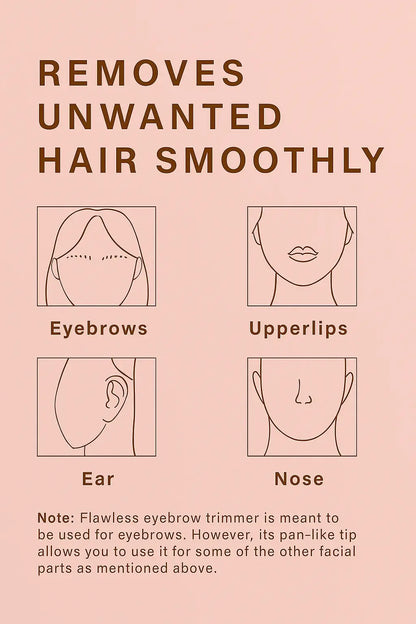 Product advertisement for a hair removal tool on a pink background with illustrations of facial features.
